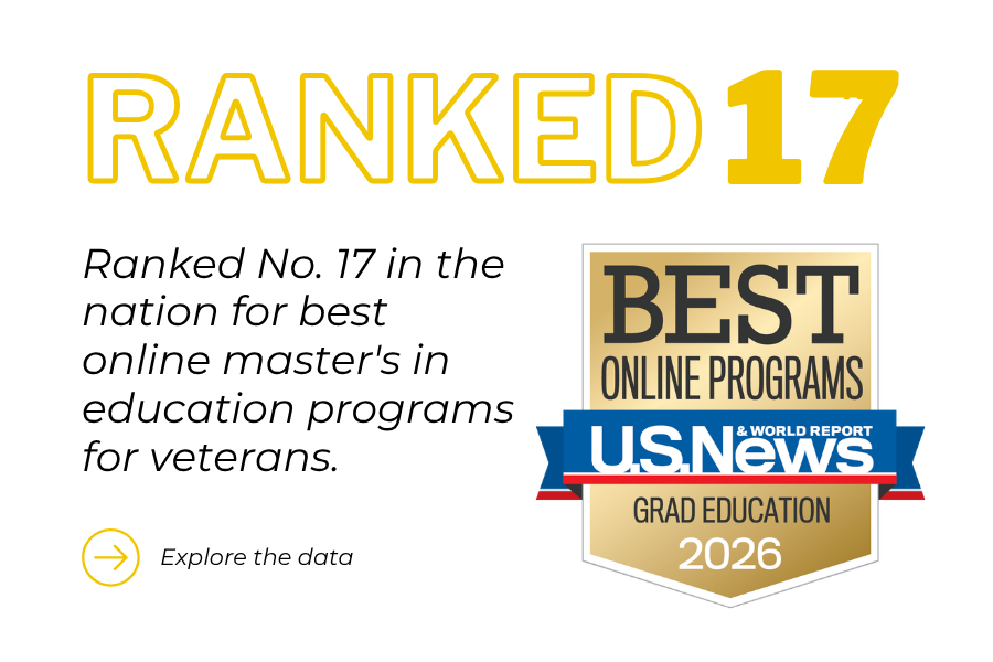 U.S. News & World Report badge announcing a No. 17 ranking in the country for Best Online Master's in Education Programs for veterans in 2026.