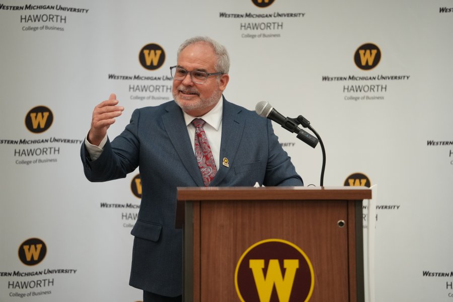 Dan Grady speaks form the podium at WMU Haworth