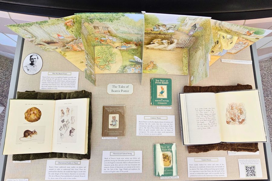 Exhibit case at Waldo Library about Beatrix Potter.