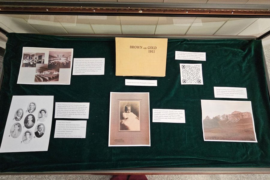 Exhibit case at Waldo Library about early photography in Kalamazoo by Herman Siewert.