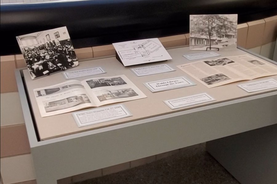 Exhibit case at Waldo Library about Waldo Library through the years.