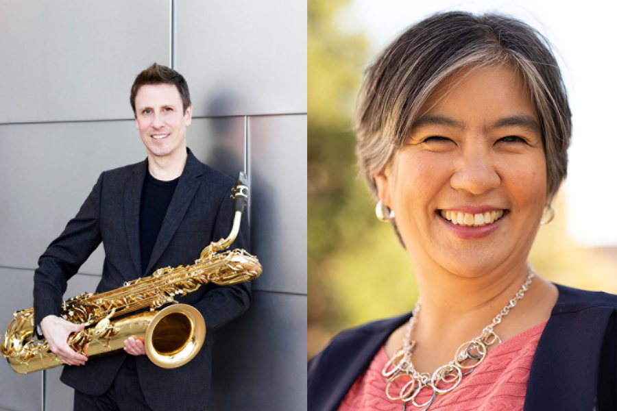 On left: a smiling man holding a baritone saxophone. On right: a smiling woman wearing a gold necklace, a pink shirt, and a dark blue jacket.