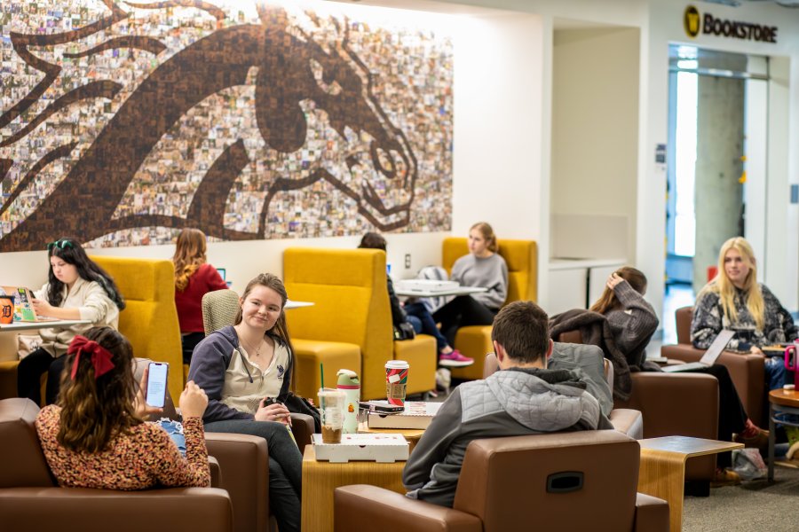 Students gathered with their laptops and food and beverages from the fast-casual restaurants located on the first floor of the Student Center.
