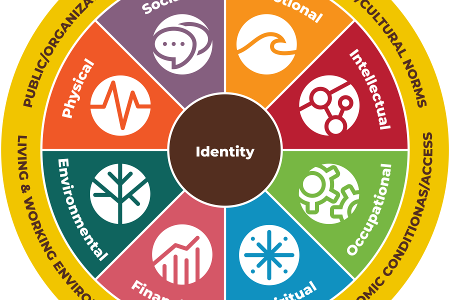 A circle with 3 sections of the areas of well-being. The very middle of the circle is your identity. Surrounding that are the eight dimensions of wellness; social, emotional, intellectual, occupational, spiritual, financial, environmental, and physical. The outer ring is outside factors that impact wellness; public/organizational policy, equity, community/cultural norms, living and working environment, sustainability, and socioeconomic conditions/access. 