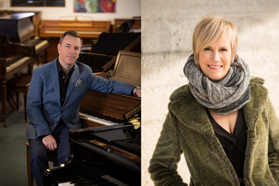 On left: a man in a blue suit sits at a piano. On right: a smiling woman in a green jacket and a large gray scarf.