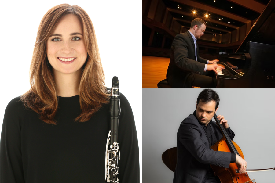 Three-part photo: a smiling woman holding a clarinet, a man in  a dark suit playing a piano, and another man in a dark suit playing a cello. 