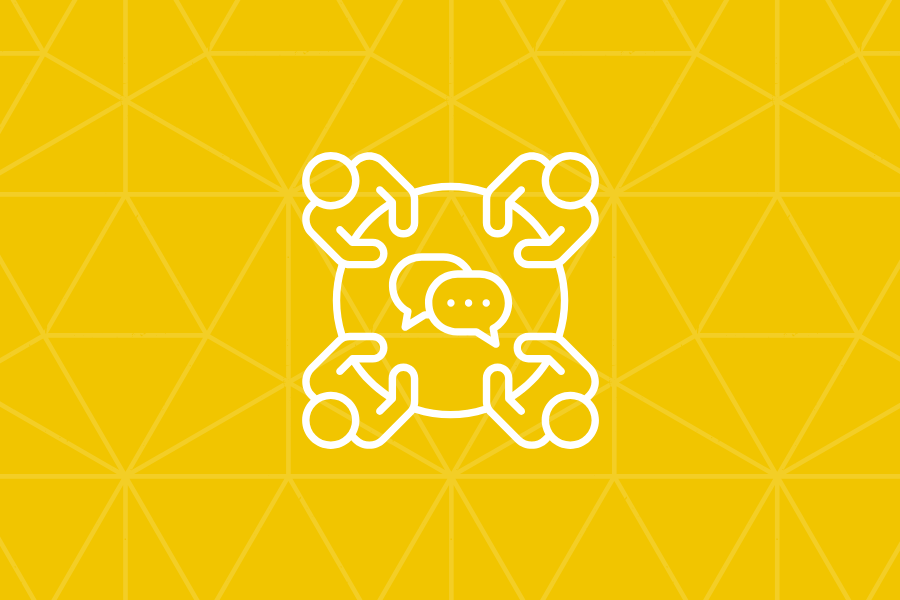 Line art icon of four people sitting around a table chatting, yellow background with faded triangle design