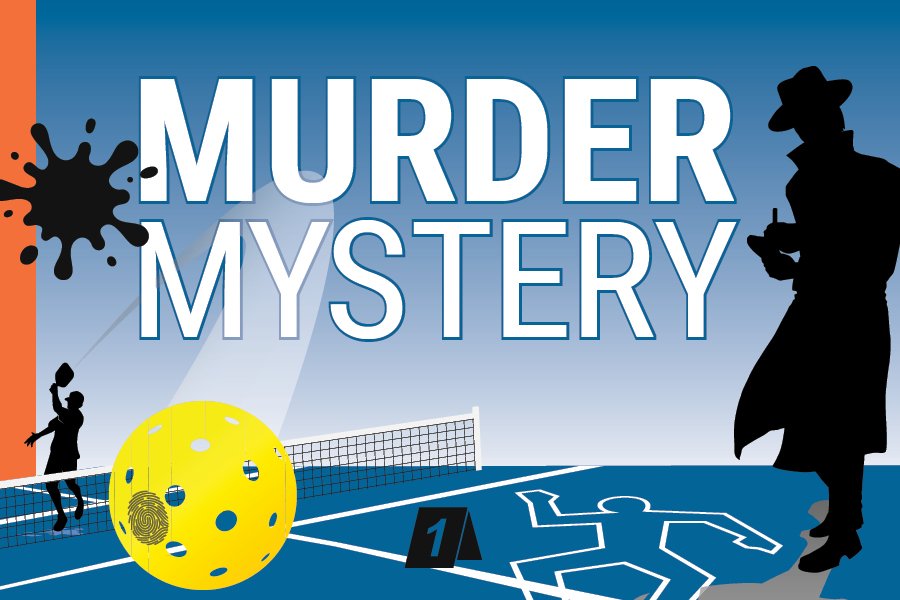 A bright yellow pickleball coming over the net with a silhouette of a detective standing over a caulk outline of a body.
