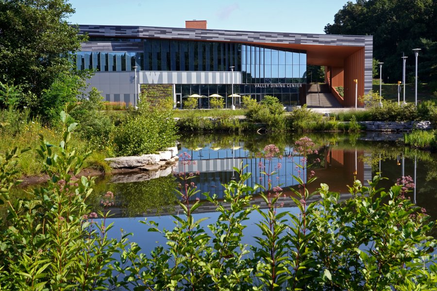 Exterior view of the VAlley Dining Center from across Goldsworth Valley Pond with lush plant life.