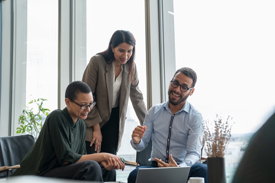 Small group of professionals looking at a laptop