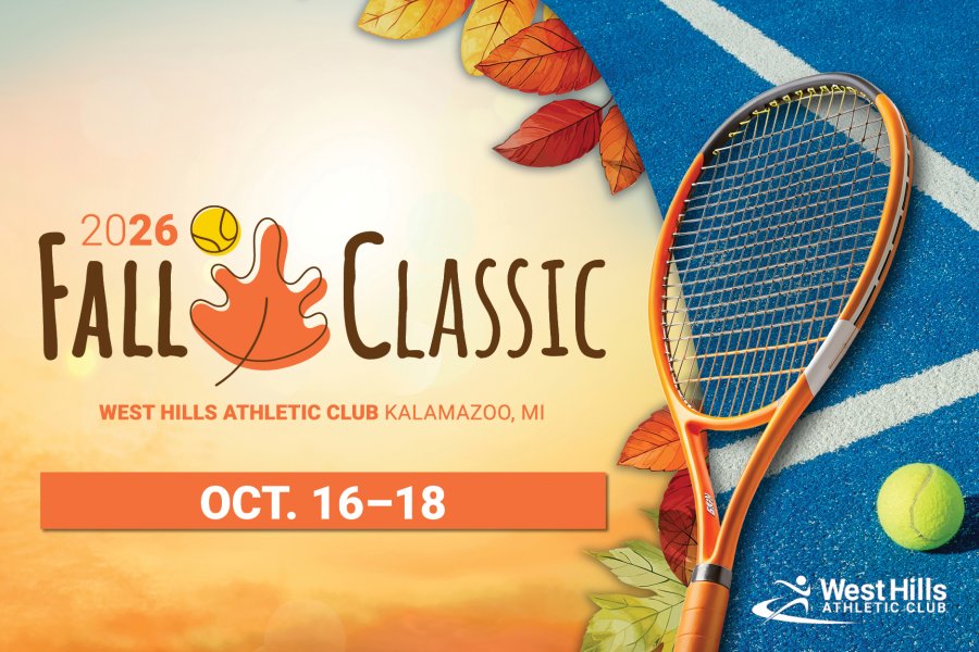 A bright orange background with a tennis racket and ball along with the Fall Classic Tennis Tournament logo.