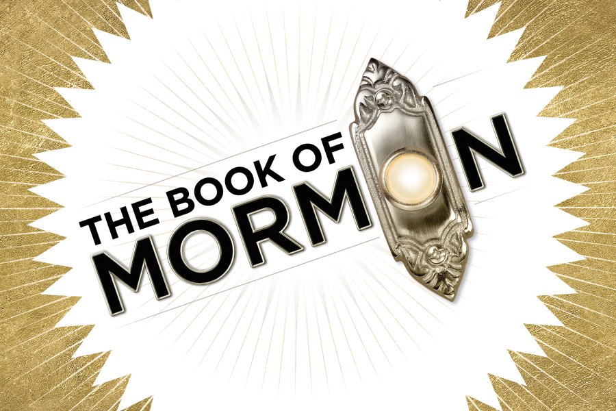 The Book of Mormon show logo showing a doorbell graphic set against a white and gold background.