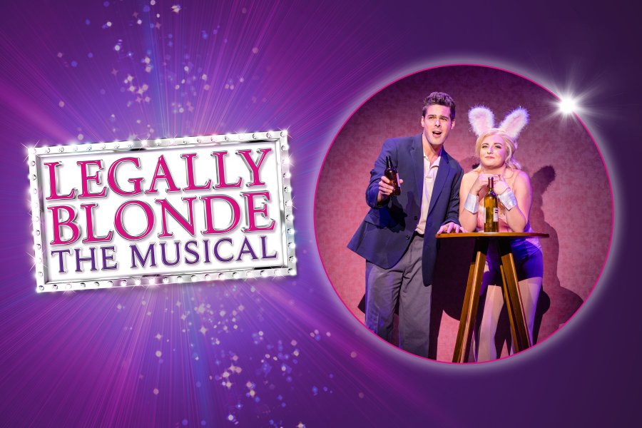 Show logo for Legally Blonde The Musical set against a sparkly purple background with a cast photo from the show set in a circle frame.