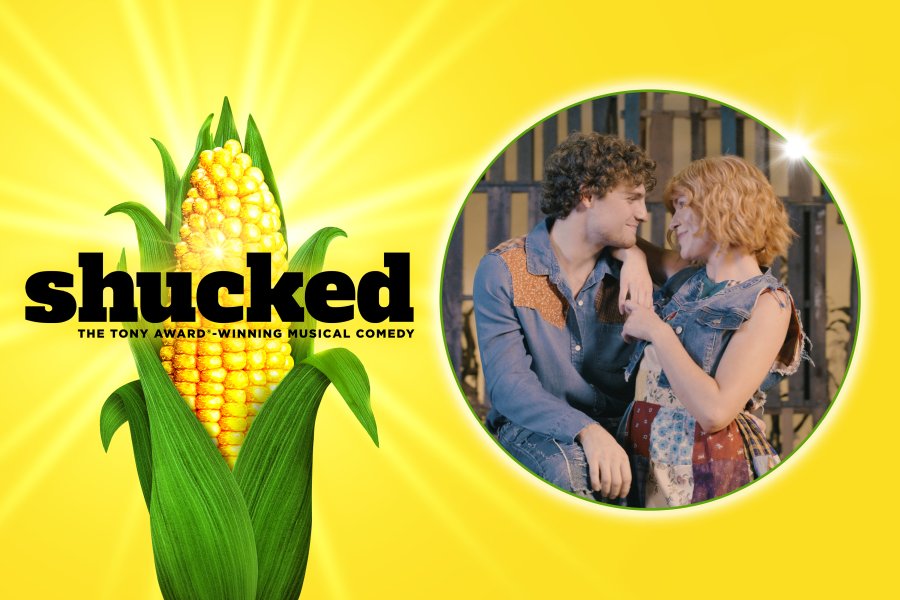 Shucked show logo picturing an ear of corn set against a yellow background accompanied by a photo from the cast framed in a circle.