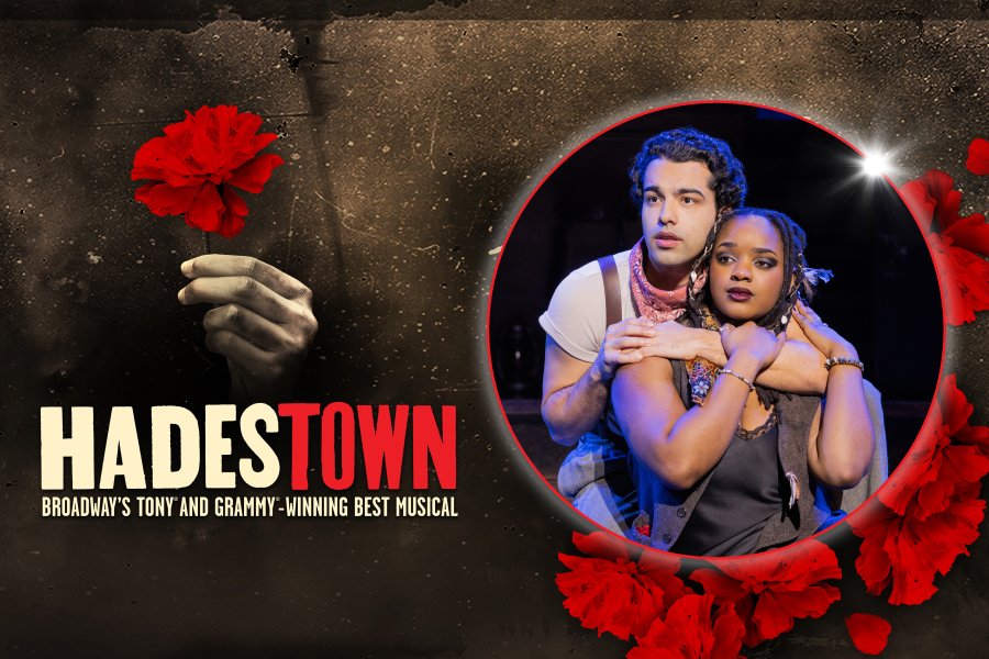 Hadestown show logo set against a dark, textured background with a cast photo framed in a circle.