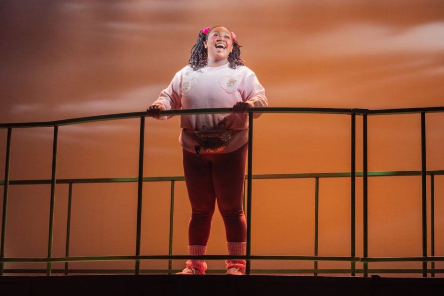 Black woman on stage, wearing a pink sweatshirt and pigtails, singing andsmiling.