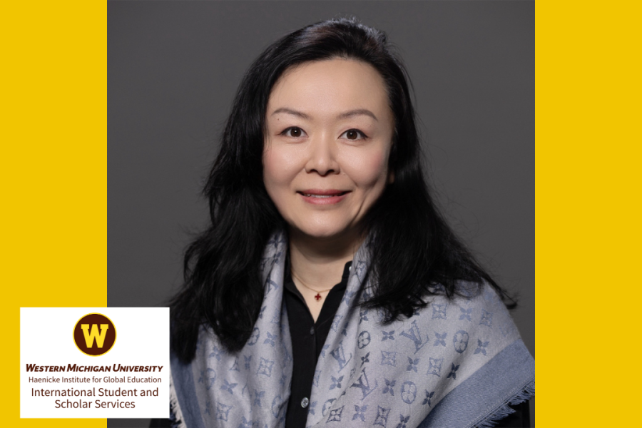 WMU logo and Amber Li, senior director of International Student and Scholar Services