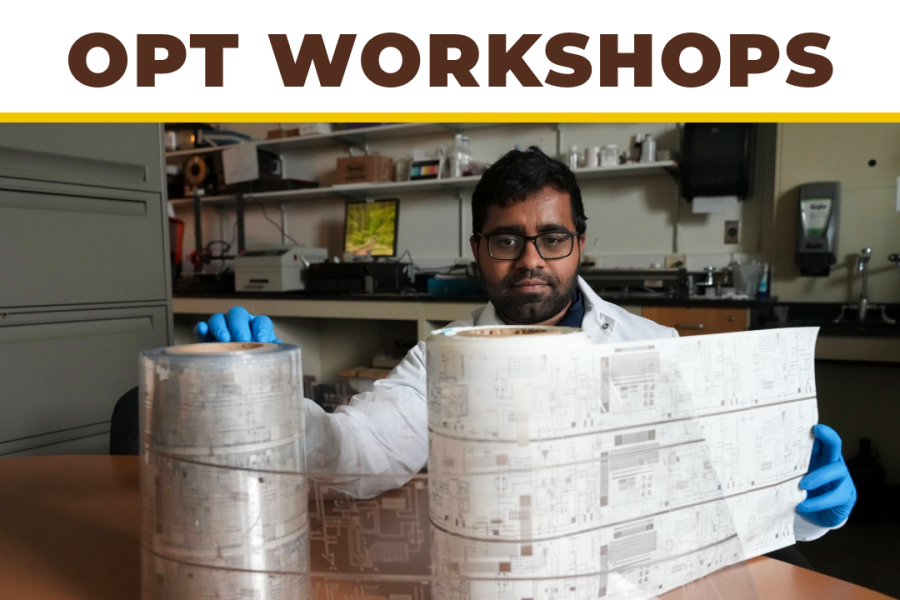 A promo for OPT Workshops at WMU. A photo of a student sitting in a lab.