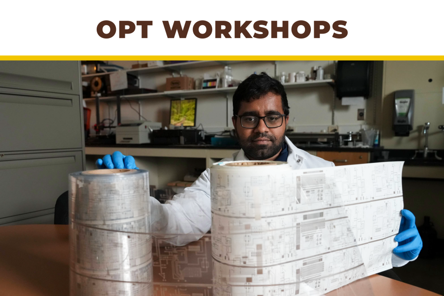 Decorative: Promotion for WMUInternational OPT Workshops. Photo of student working in a lab.