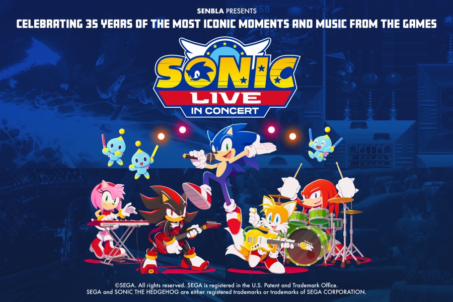 Characters from Sonic the Hedgehog assembled in a group set against a dark blue background with a banner reading "Celebrating 35 years of the most iconic moments and music from the games."