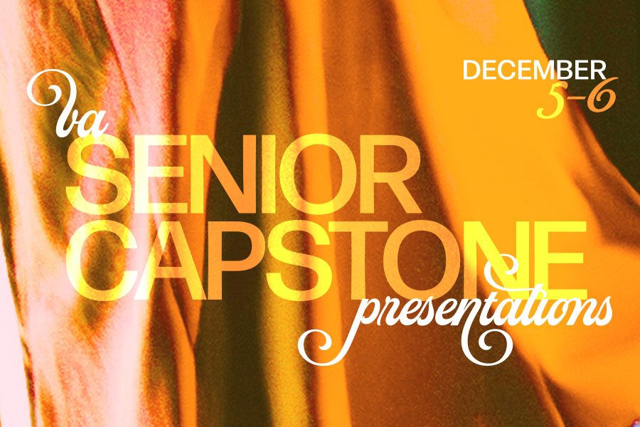 Gold curtain graphic with text reading BA senior capstone concert.