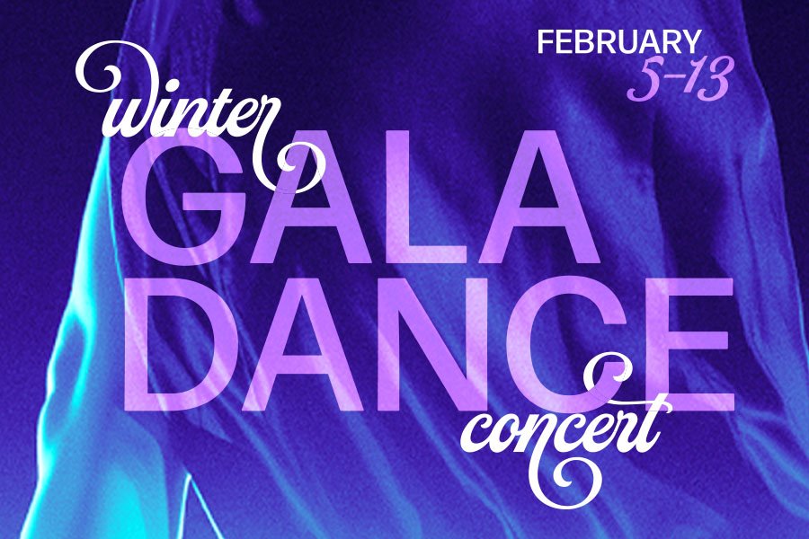 Purple curtain graphic with text reading Winter Gala Dance Concert. 