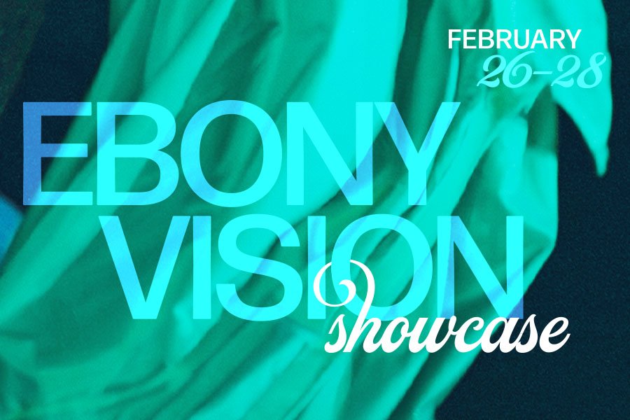 Aqua curtain graphic with text reading Ebony Vision Concert.