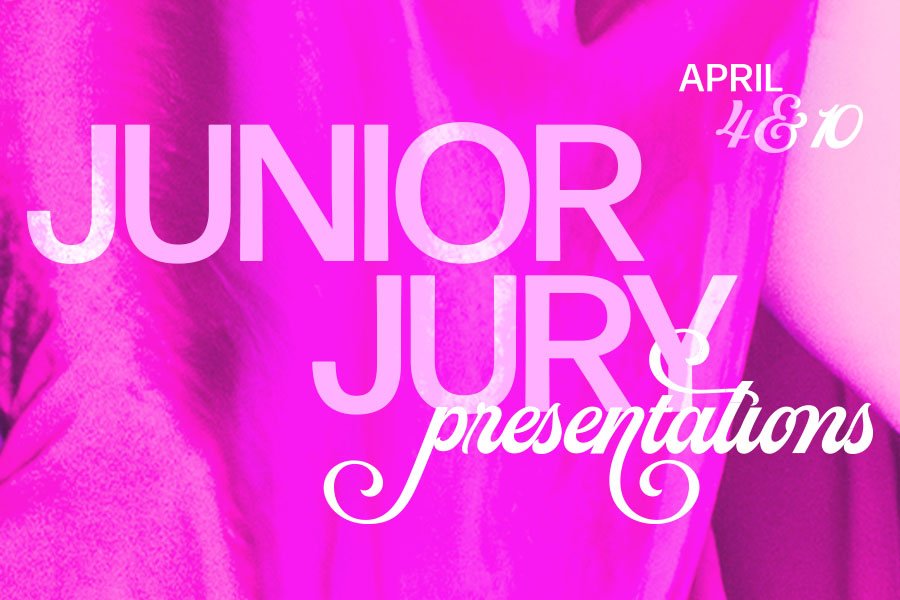 Pink curtain graphic with text reading Junior Jury Presentations.