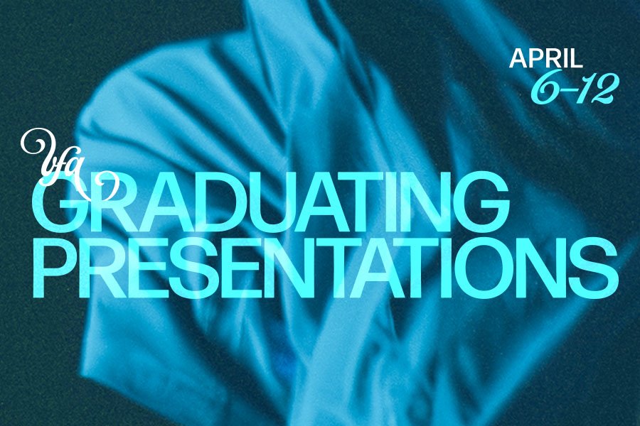 Teal curtain graphic with text reading BFA Graduating Presentations.