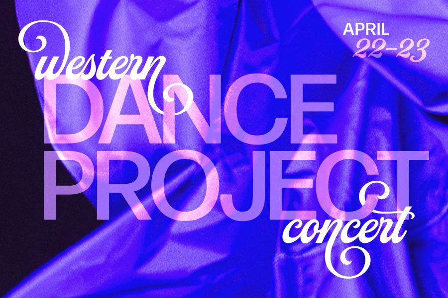 Purpe curtain graphic with text reading Western Dance Project Concert.