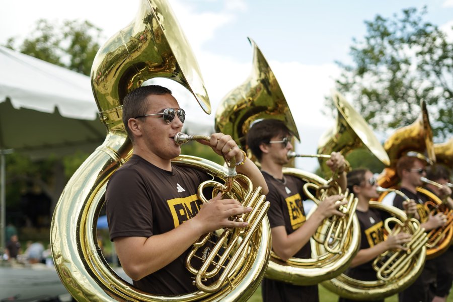 The Bronco Marching Band playing tubas at Bronco Bash.