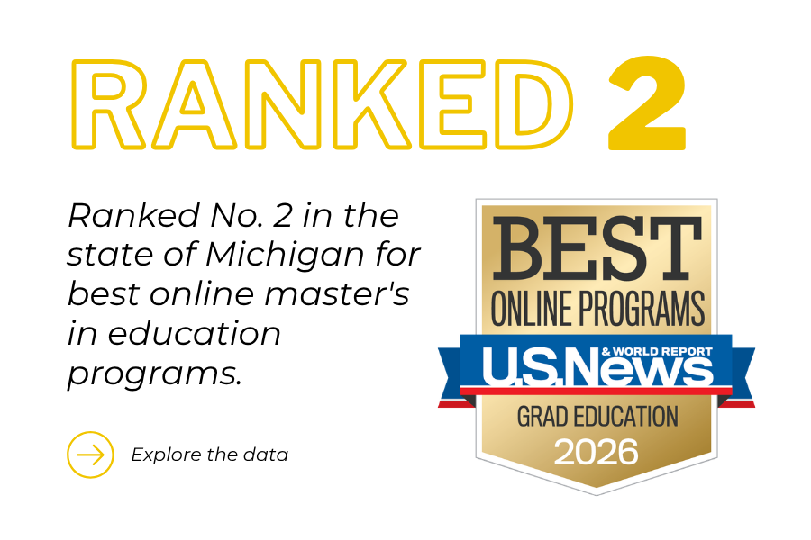 Graphic with the large yellow text 'RANKED 2'. Below it, text reads 'Ranked No. 2 in the state of Michigan for best online master's in education programs'