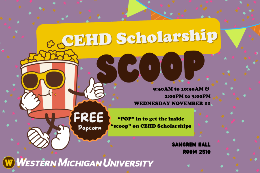 A purple event flyer decorated with colorful star confetti and pennants advertising the "CEHD Scholarship SCOOP."