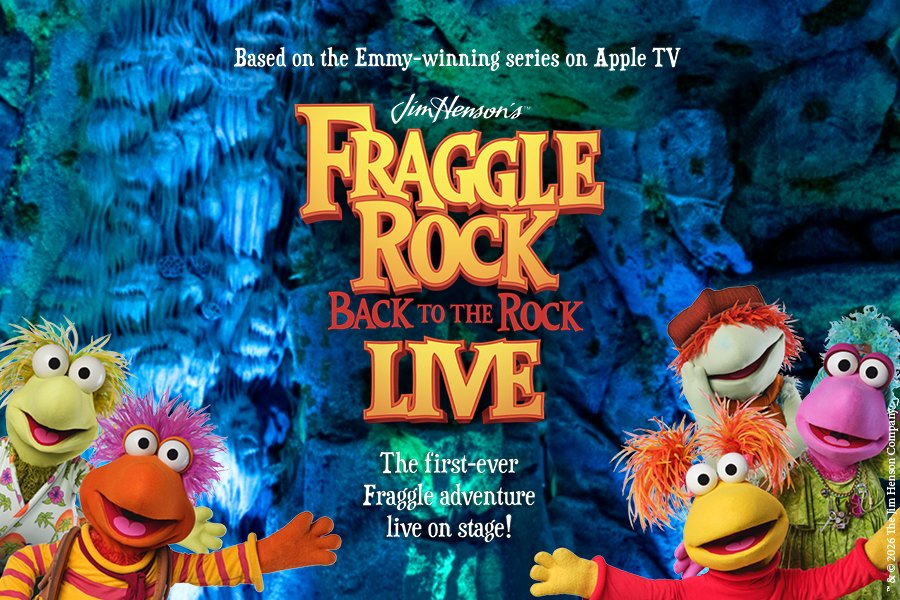 Puppets on either side of the Fraggle Rock logo