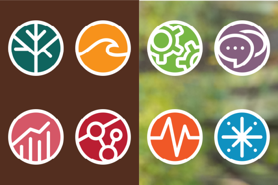 Standard well-being icons on a busy or dark colored background.