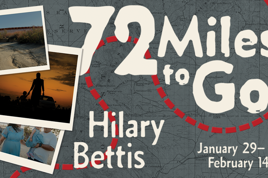 Graphic featuring polaroid pictures and a map with the words 72 Miles To Go by Hilary Bettis.
