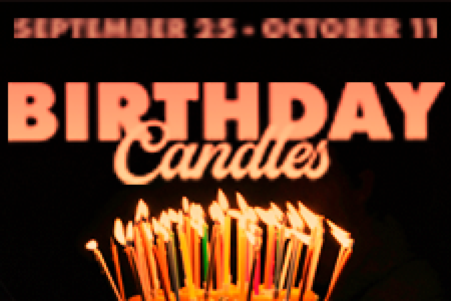A birthday cake with candles lit and the words "Birthday Candles"