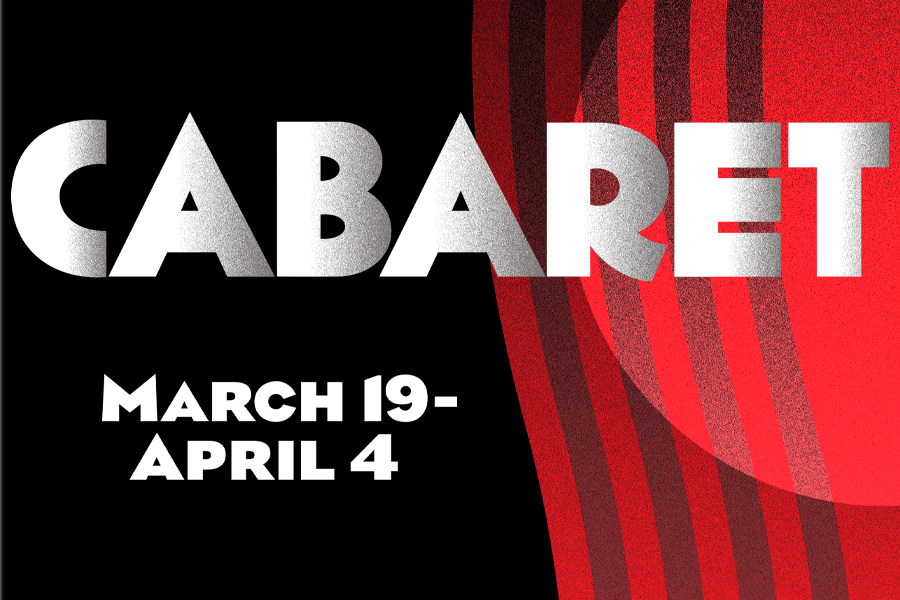 CABARET in large text with a  a curtain in black and red colors.