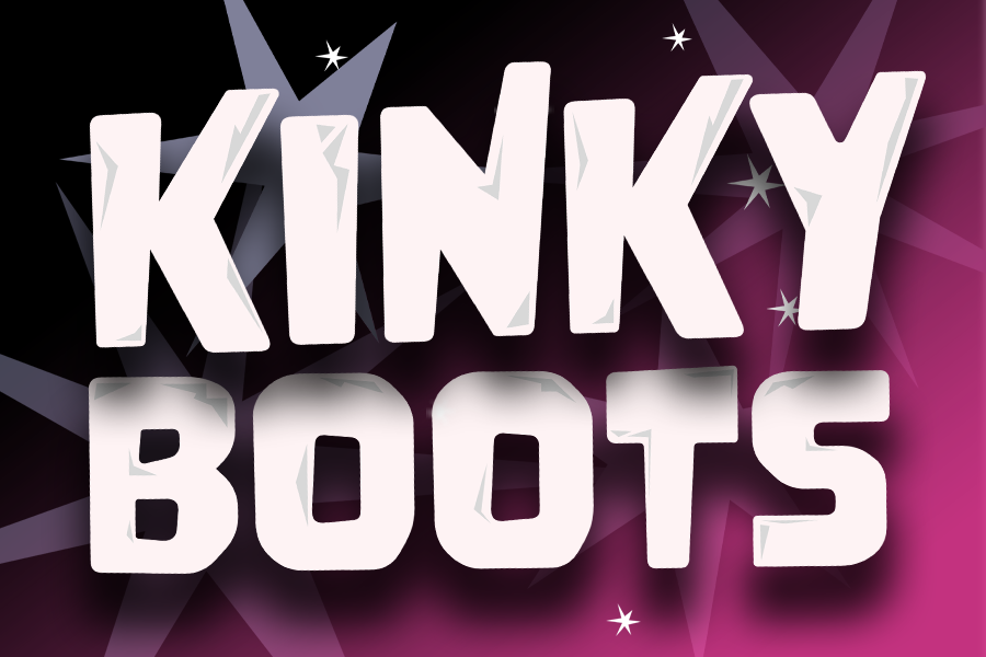 Text that reads "Kinky Boots" in white with a pink and black background. 