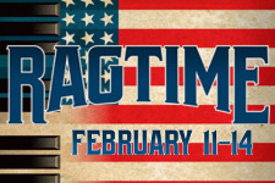 An American Flag background with the title RAGTIME in blue.