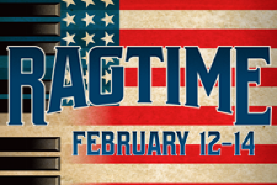 Graphic featuring an American Flag with piano keys and the word RAGTIME.