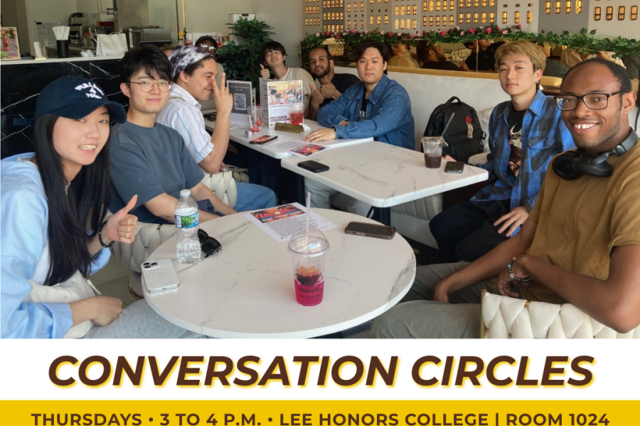 A photo of international students talking at a table. Conversation Circles promotion. Logo WMU Center for English Language and Culture for International Students