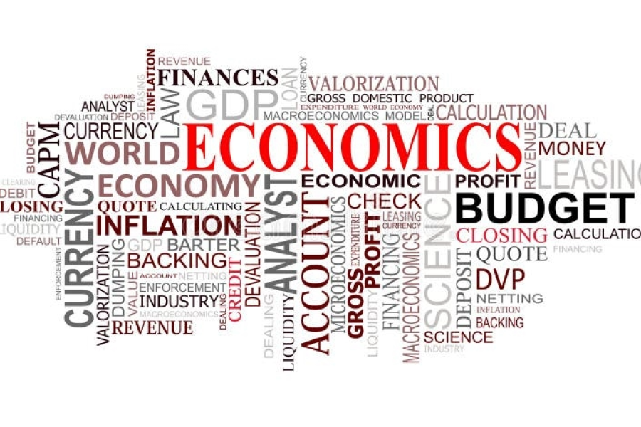 Clipart with large red Ecomonics in the middle and other related words in different directions and fonts in the background