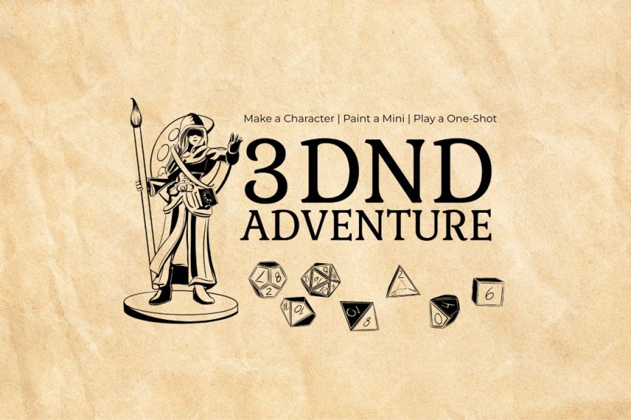 Graphic of Dungeons & Dragons character with dice and 3DND Adventure text.