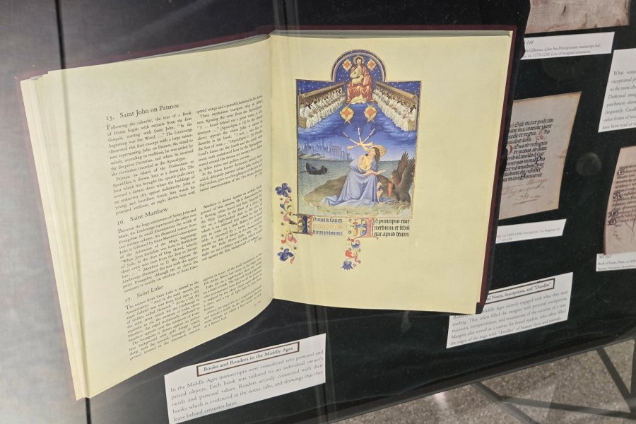 Exhibit case at Waldo Library about Shaping Medieval Manuscripts.