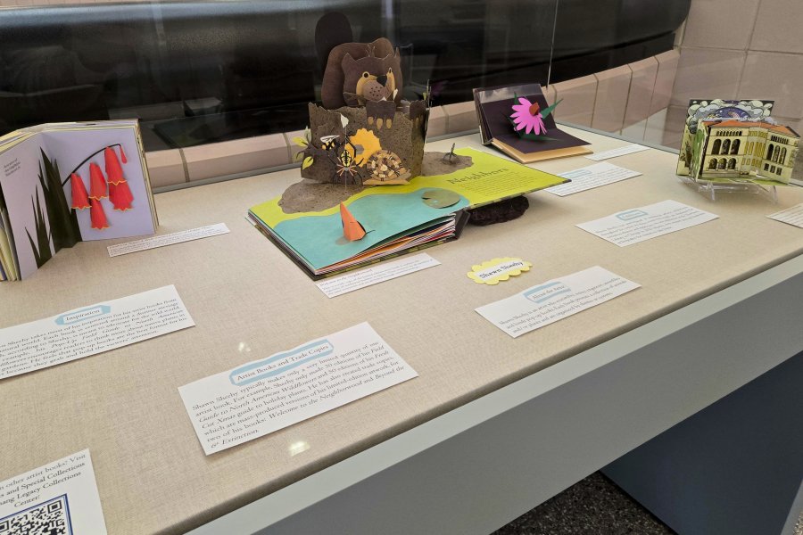 Exhibit case at Waldo Library about Shawn Sheehy.