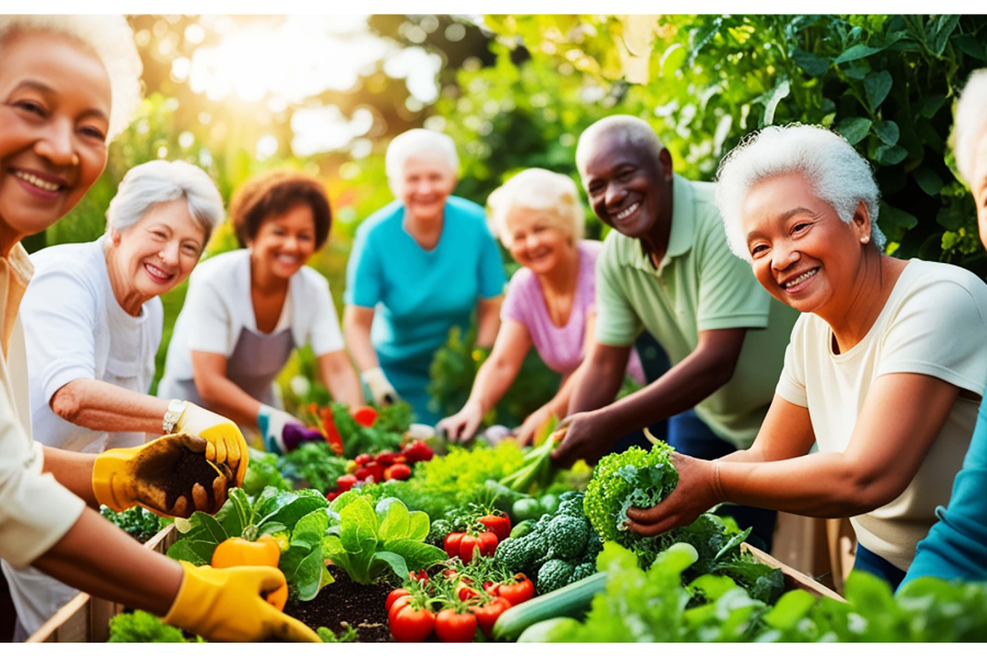 people around a table of veggies
