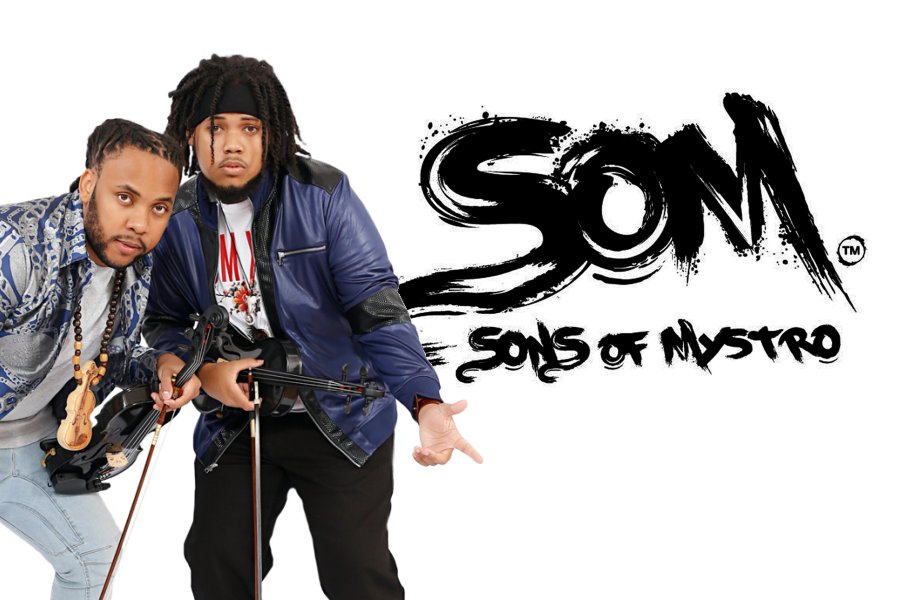 Two musicians holding violins to the right of them is the Son of Mystro logo.