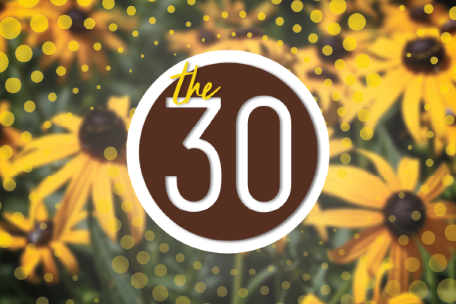 The 30 logo in front of yellow flowers