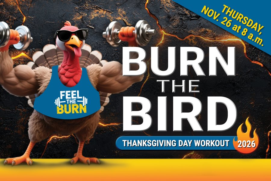 Image of a cartoon turkey working out with text reading "burn the bird, thanksgiving day workout."